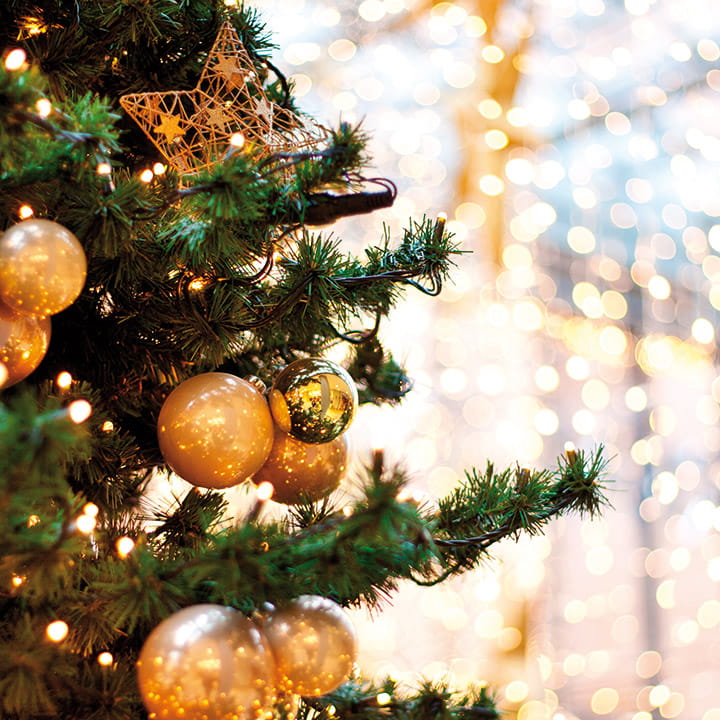 A Christmas tree decorated with gold baubles with strings of fairy lights hanging behind